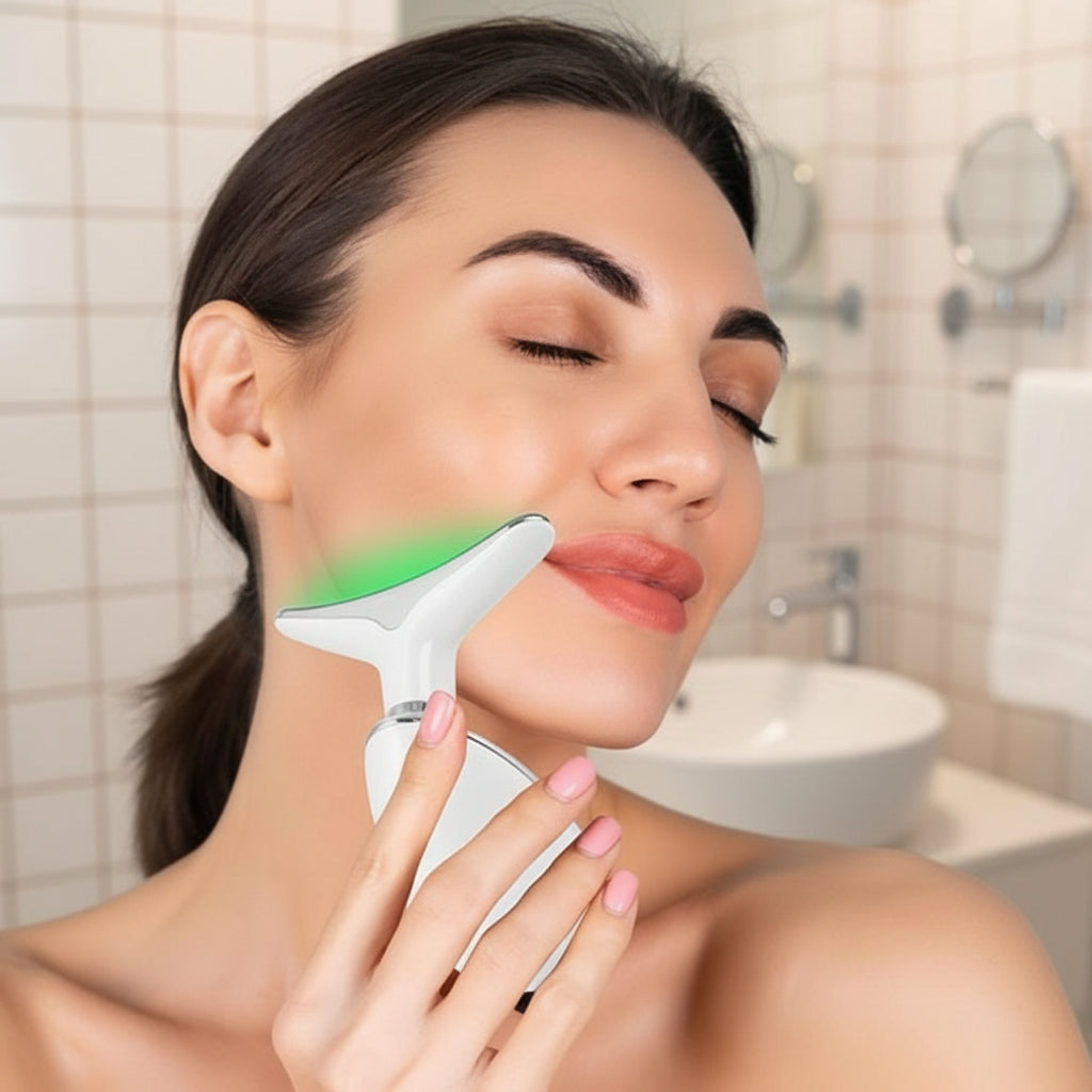 main femme visage appareil de massage fond petite salle de bain