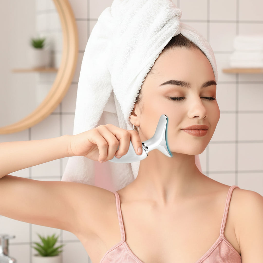 main femme serviette blanche appareil de massage visage fond
petite salle de bain