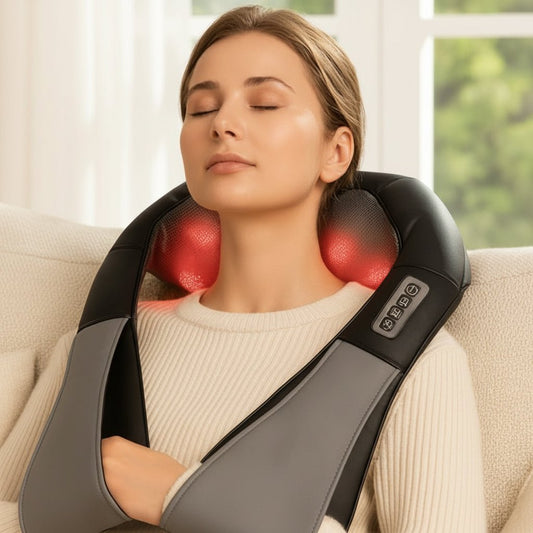 femme assis avec appareil de massage devant une fenêtre