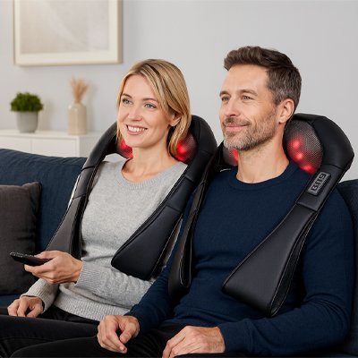 Un couple avec deux appareil de massage sur les épaules dans le salon