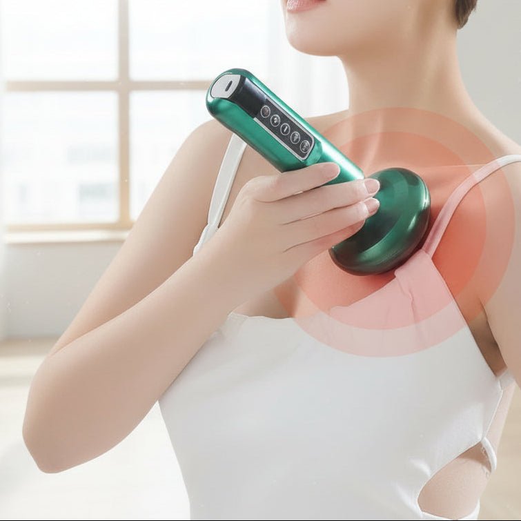 femme en camisole blanc la main sur appareil massage devant une grande fenêtre