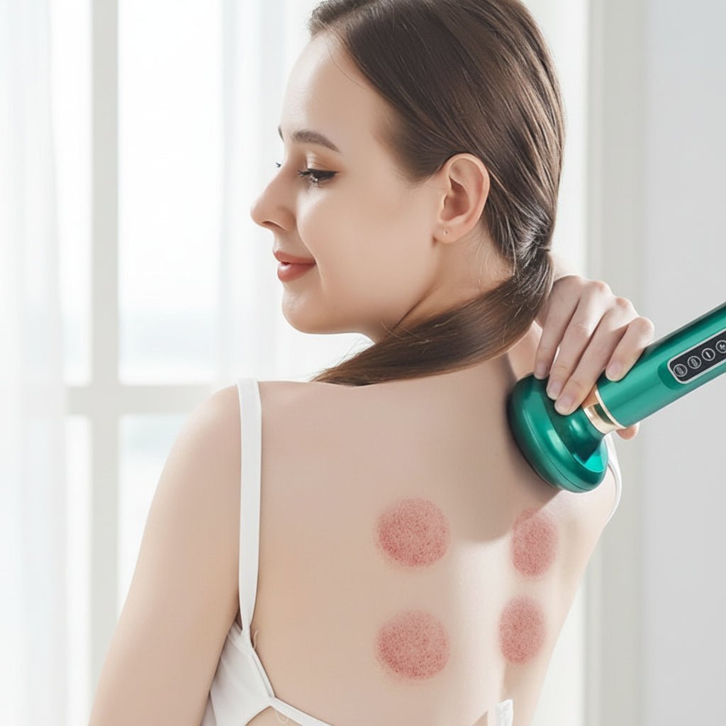 femme en top blanc dos tache rose appareil massage vert devant ne fenêtre