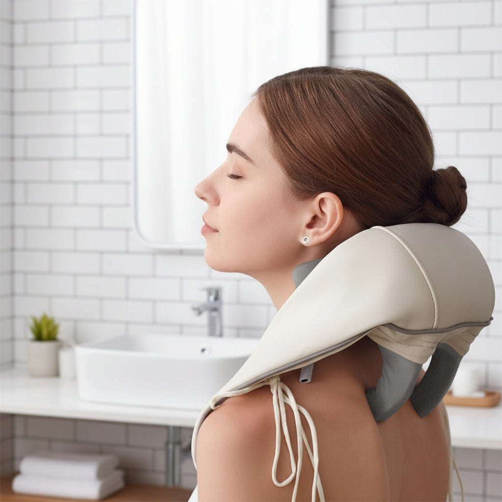 femme avec appareil massage blanc dans la salle de bain