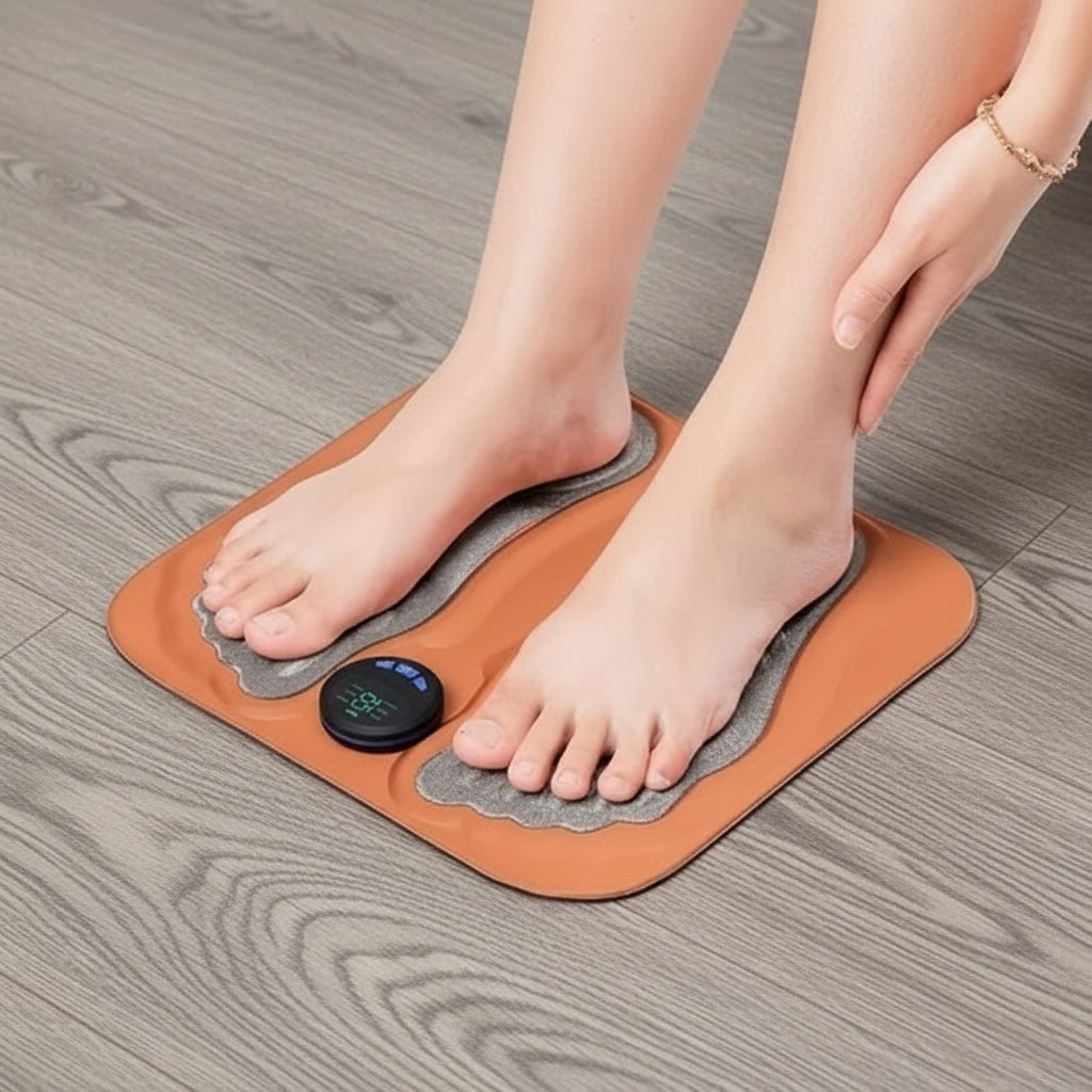main et pied sur appareil de massage brun sur plancher de bois gris