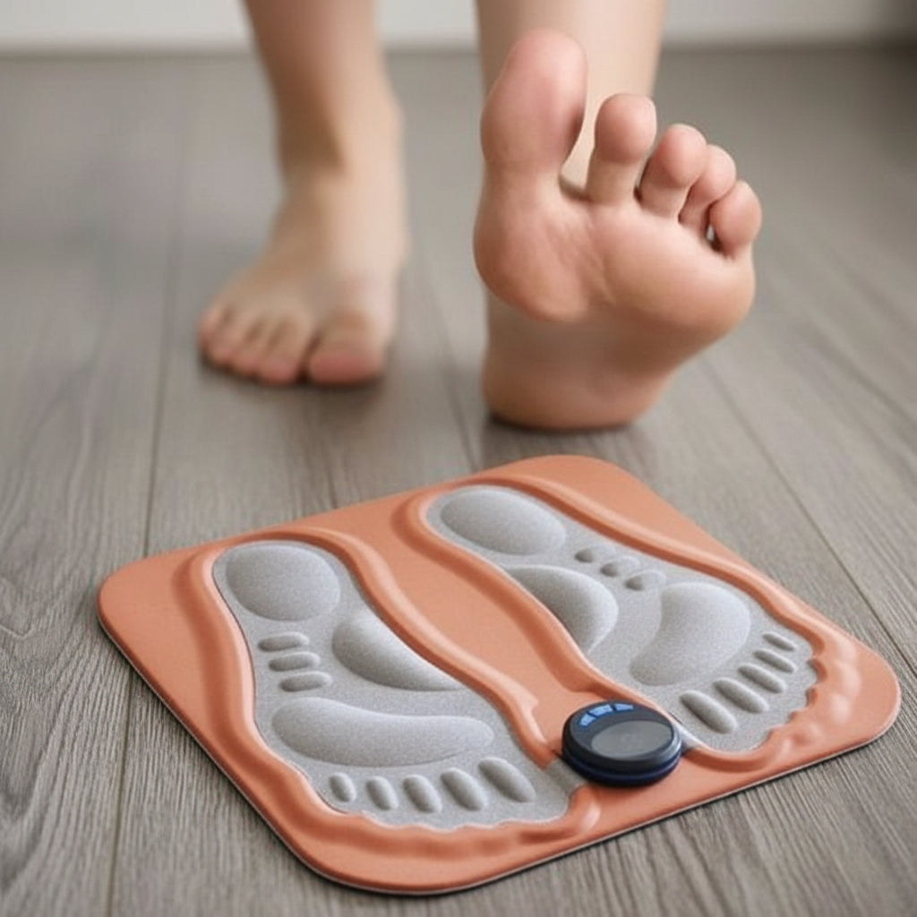 pied sur appareil massage brun sur plancher de bois gris