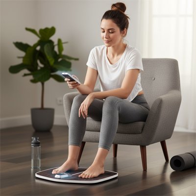 femme assis fauteuil gris appareil pour massage des pieds plancher brun fond flou