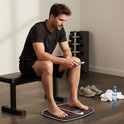 homme assis banc noir appareil pour massage des pieds bouteille eau