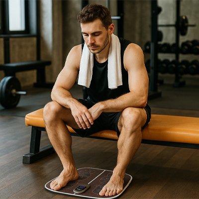 homme serviette blanche banc brun appareil pour massage des pieds gymnase