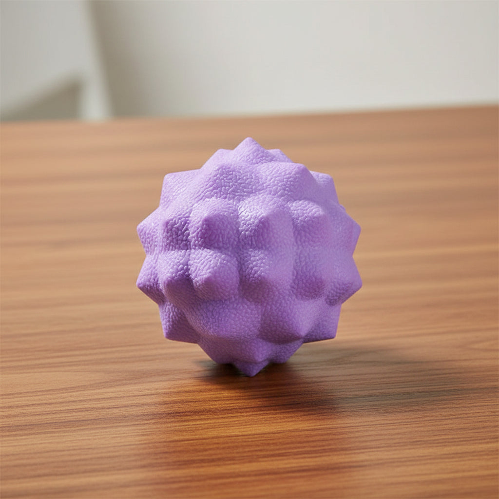 boule de massage violet sur table de bois