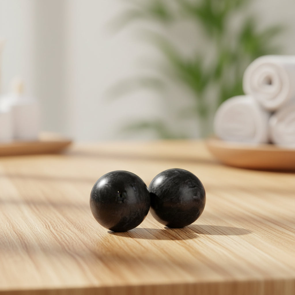  boule de massage noir sur table de bois