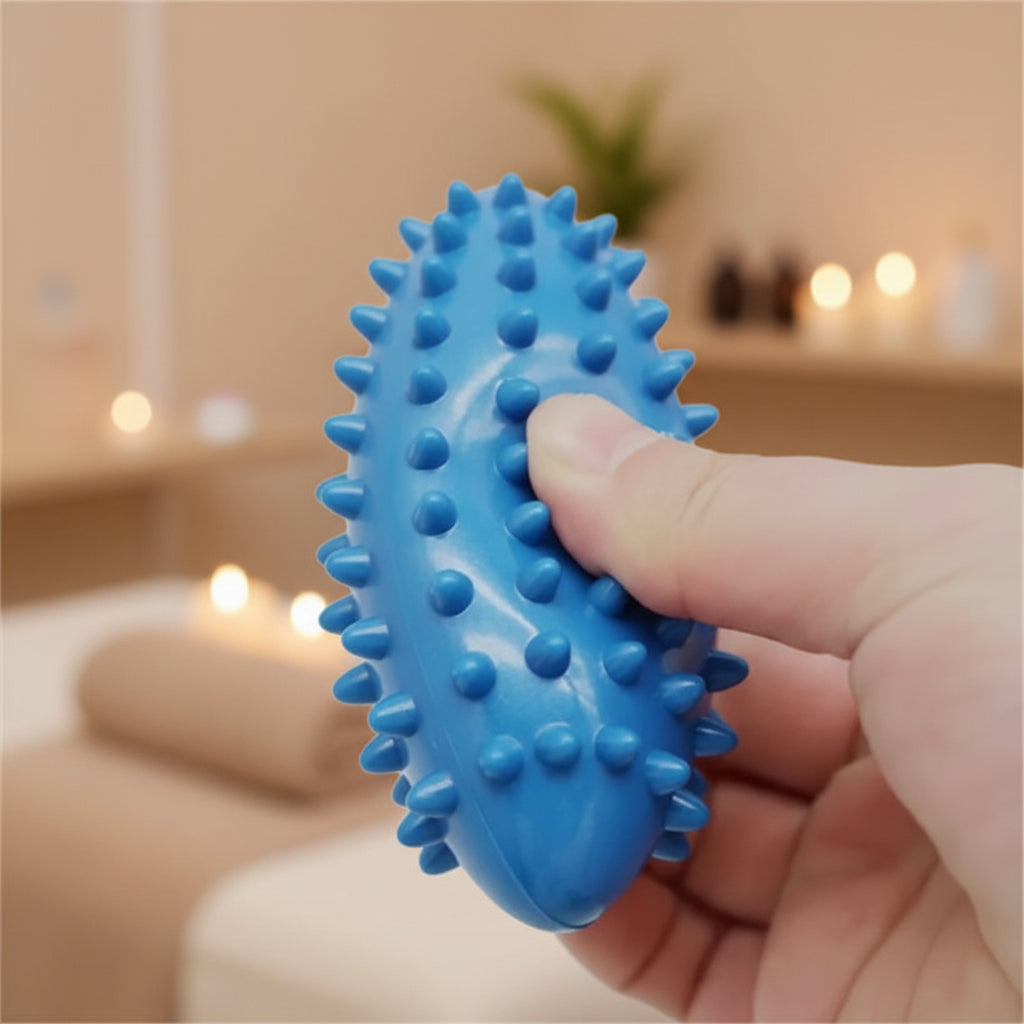 main écrase boule de massage bleu entre doigt sur fond salle de massage flou