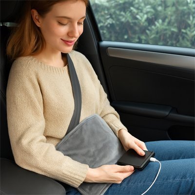 femme avec ceinture de sécurité d'auto coussin chauffant gris dans l'auto
