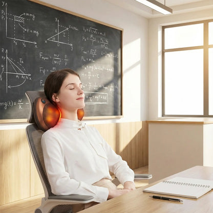 femme le cou sur coussin chauffant devant un tableau d'école