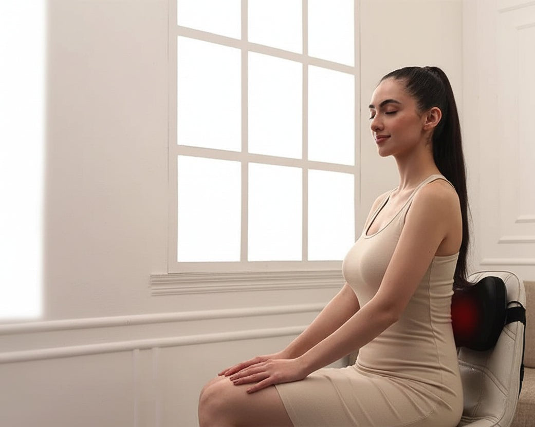 femme le dos sur coussin chauffant devant une grande fenêtre