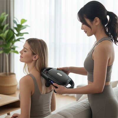 femme masse dos femme avec pistolet de massage