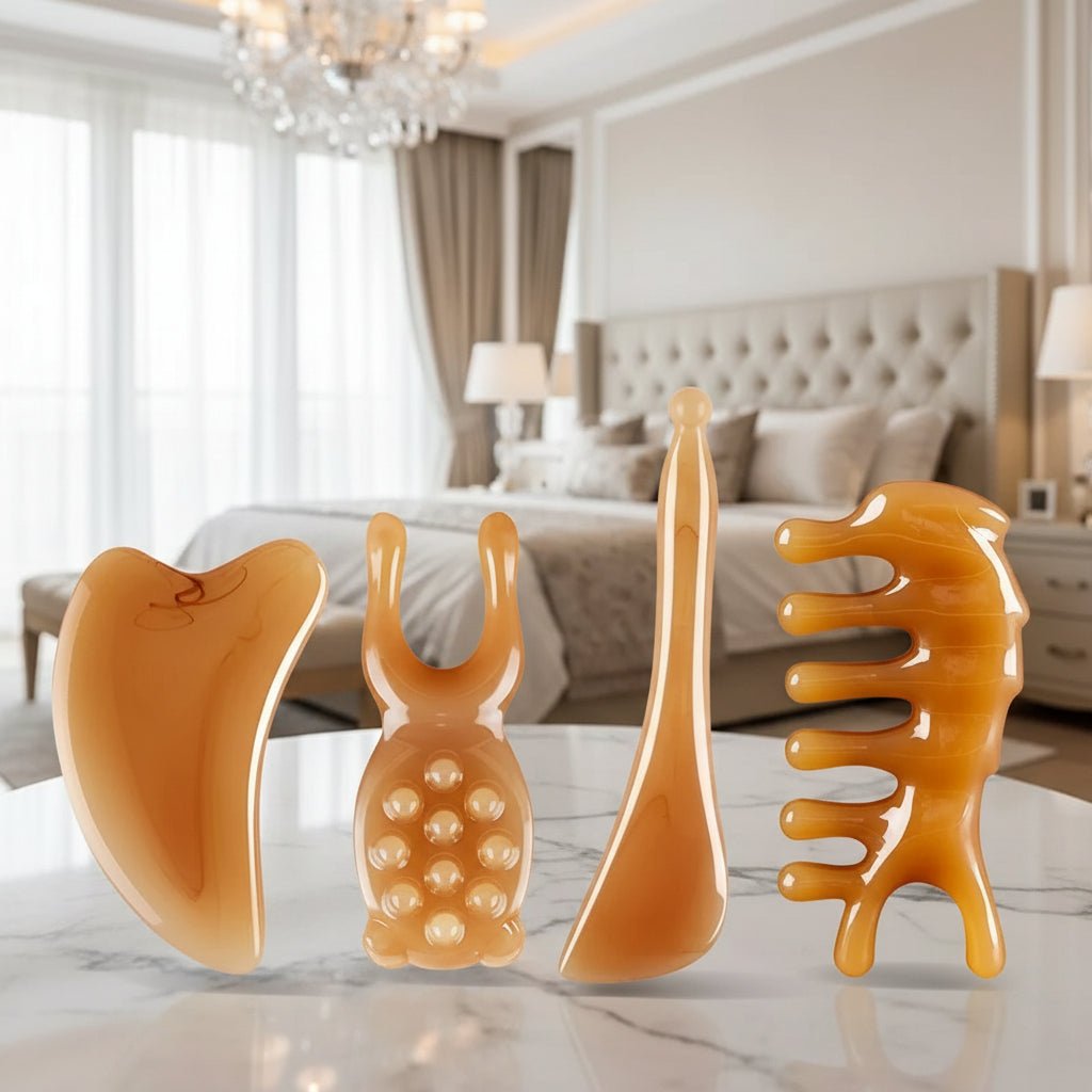 ensemble de gua sha sur une table fond chambre luxueuse