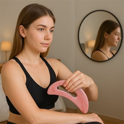 femme camisole noir gua sha rose dans une petite salle de bain