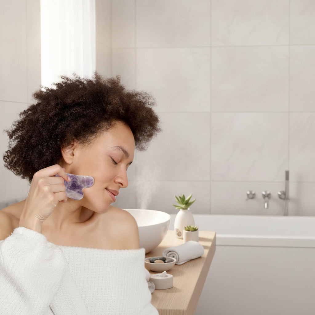 gua sha sur le visage dans une petite salle de bain