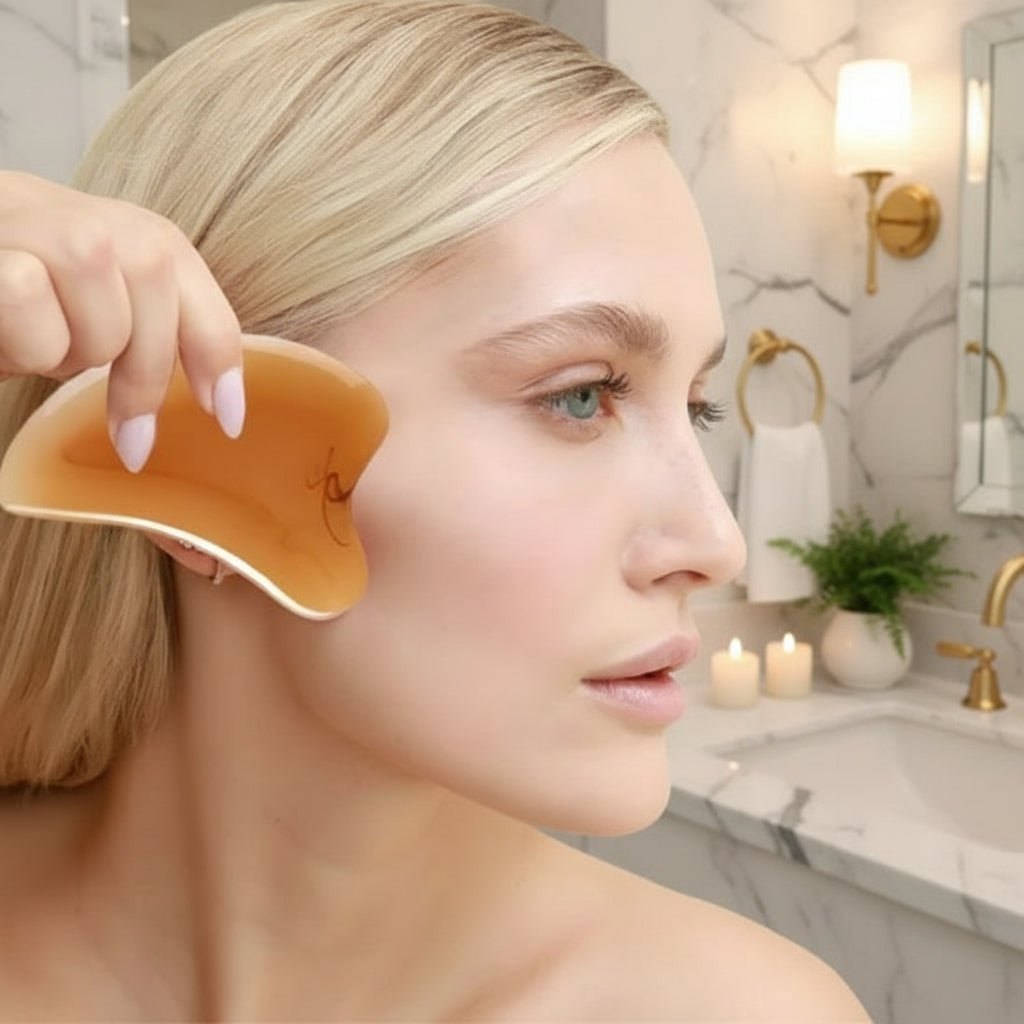 visage de femme la main sur gua sha grattoir dans une salle bain luxueuse