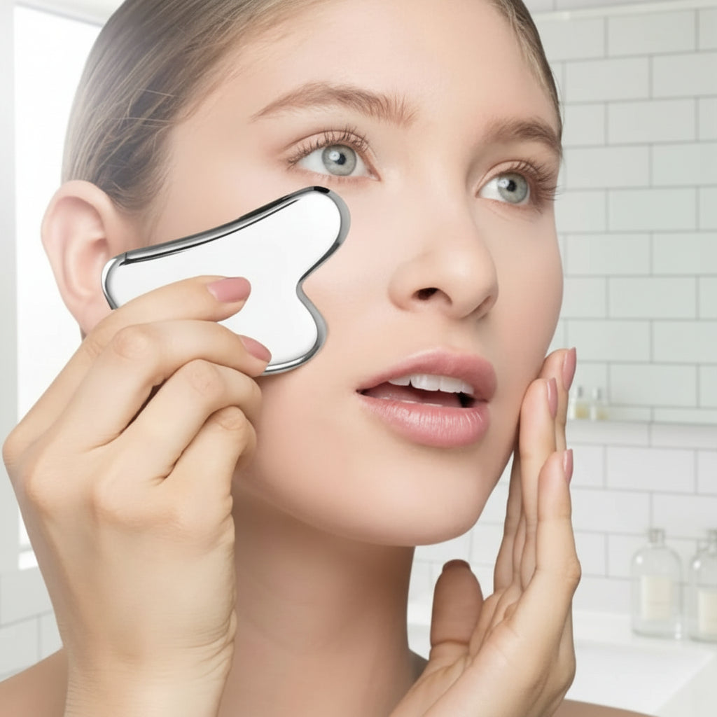 main sur gua sha dans la salle de bain