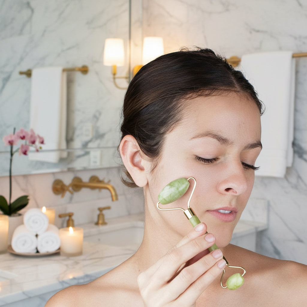 Gua sha sur le visage dans une salle de bain luxueuse
