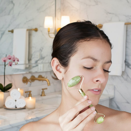 Gua sha sur le visage dans une salle de bain luxueuse