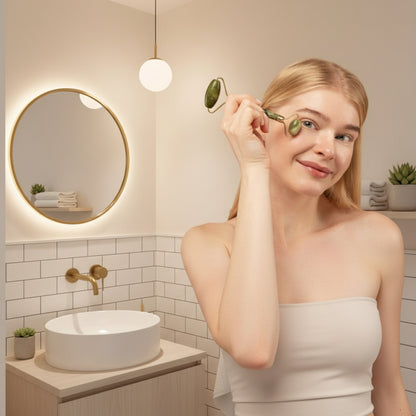 Gua sha sur le visage dans une petite salle de bain