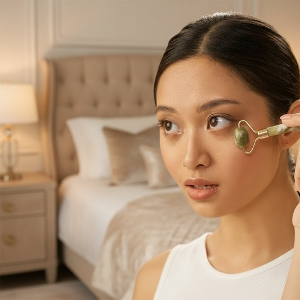 Gua sha sur le visage dans une chambre luxueuse