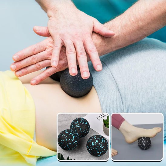 main superpose sur boule de massage sur dos avec gilet jaune