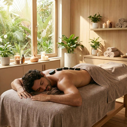 massage au pierres chaudes sur le dos d'un homme sur une table de massage