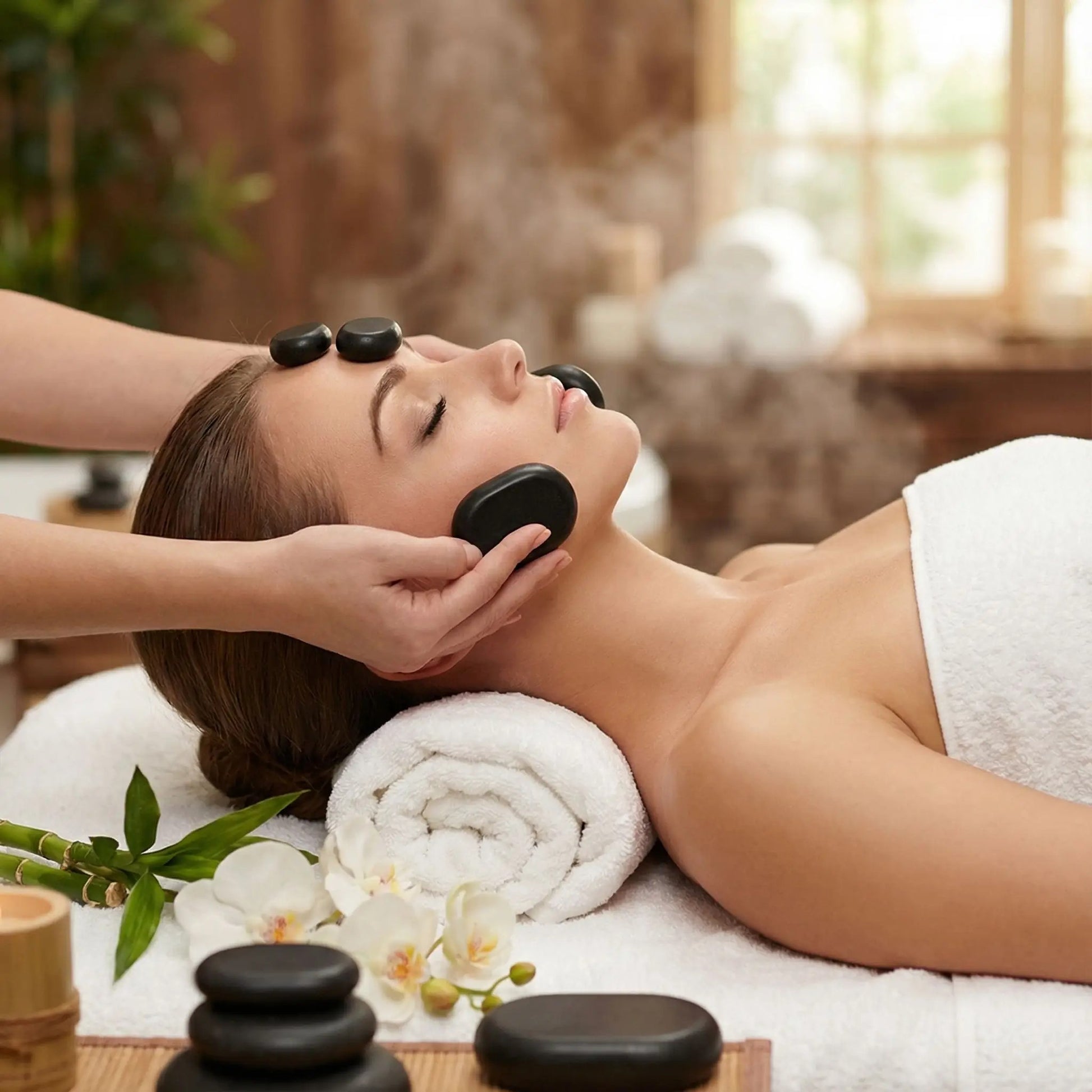 massage aux pierres chaudes sur le visage de femme dans le salon de massage