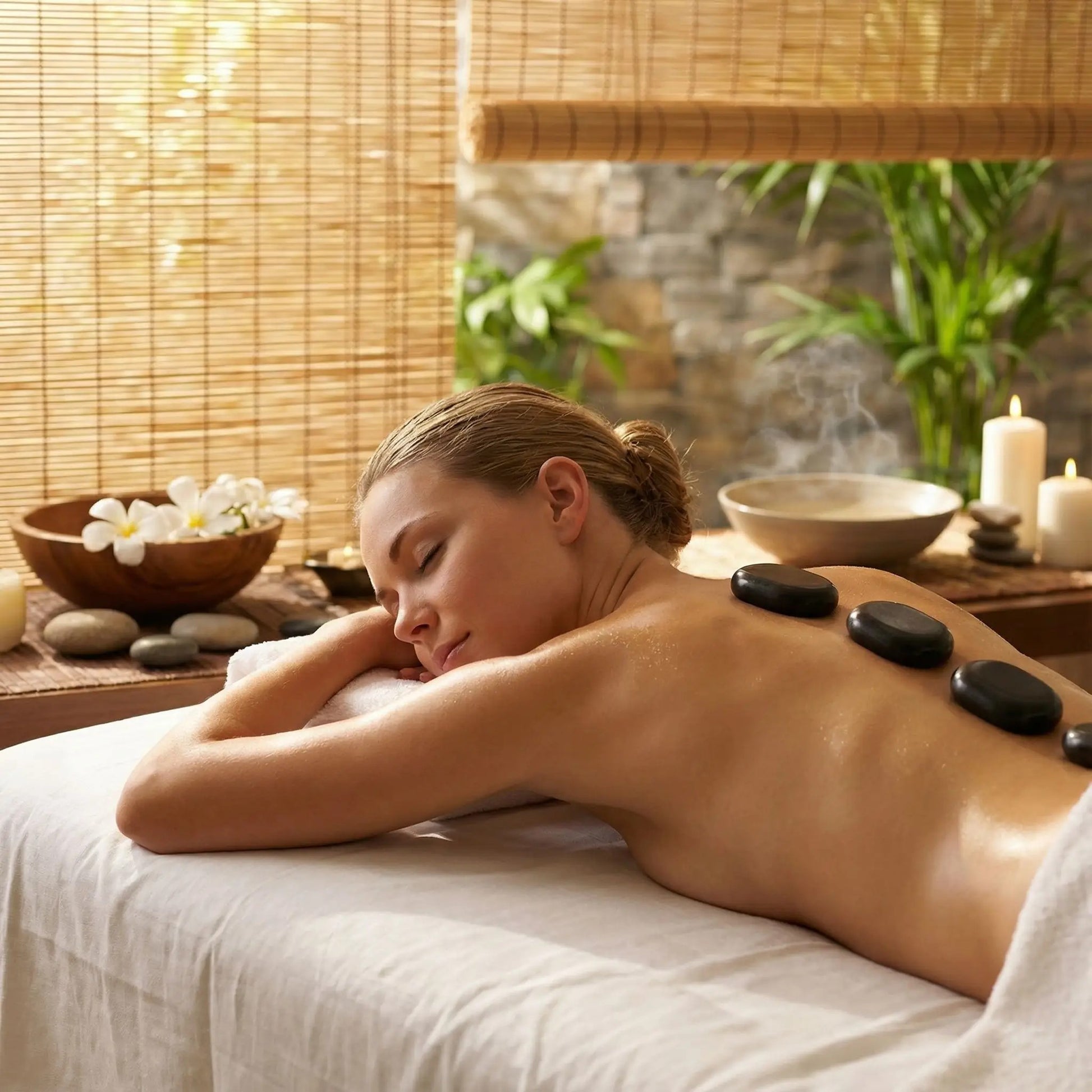 massage aux pierres chaudes sur le dos d'une femme devant des rideaux de bambou