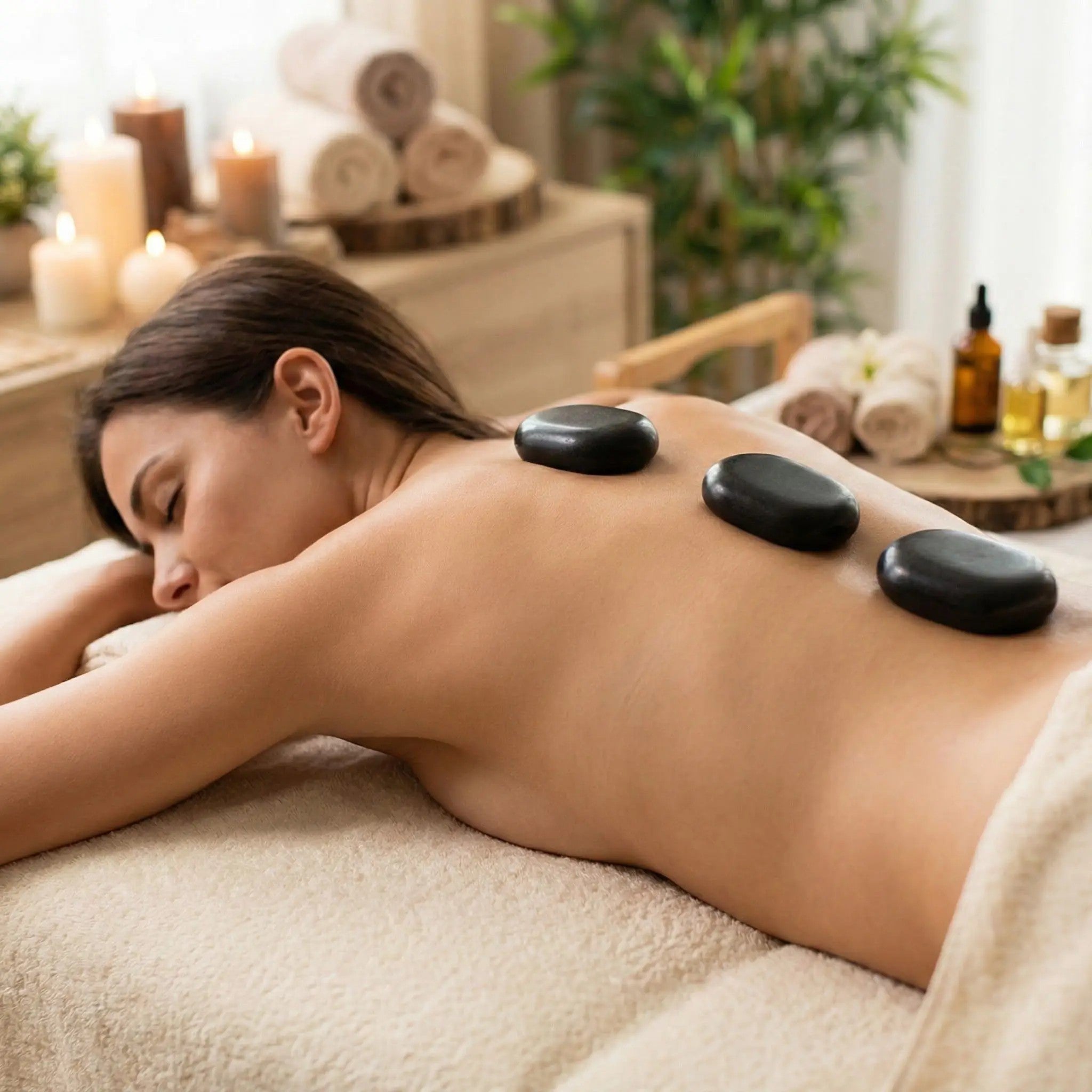massage aux pierres chaudes sur le dos d'une femme sur une table de massage