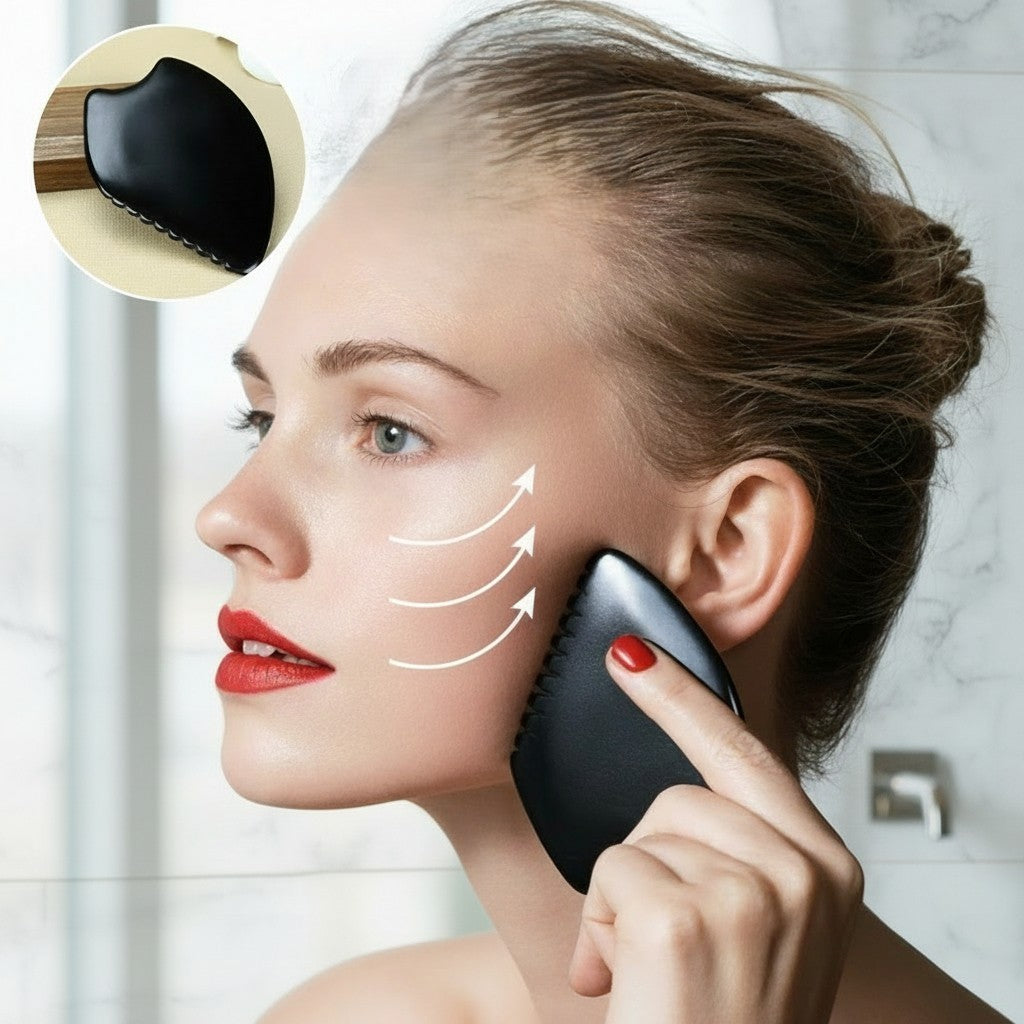 femme avec pierre gua sha sur le visage dans la salle de bain