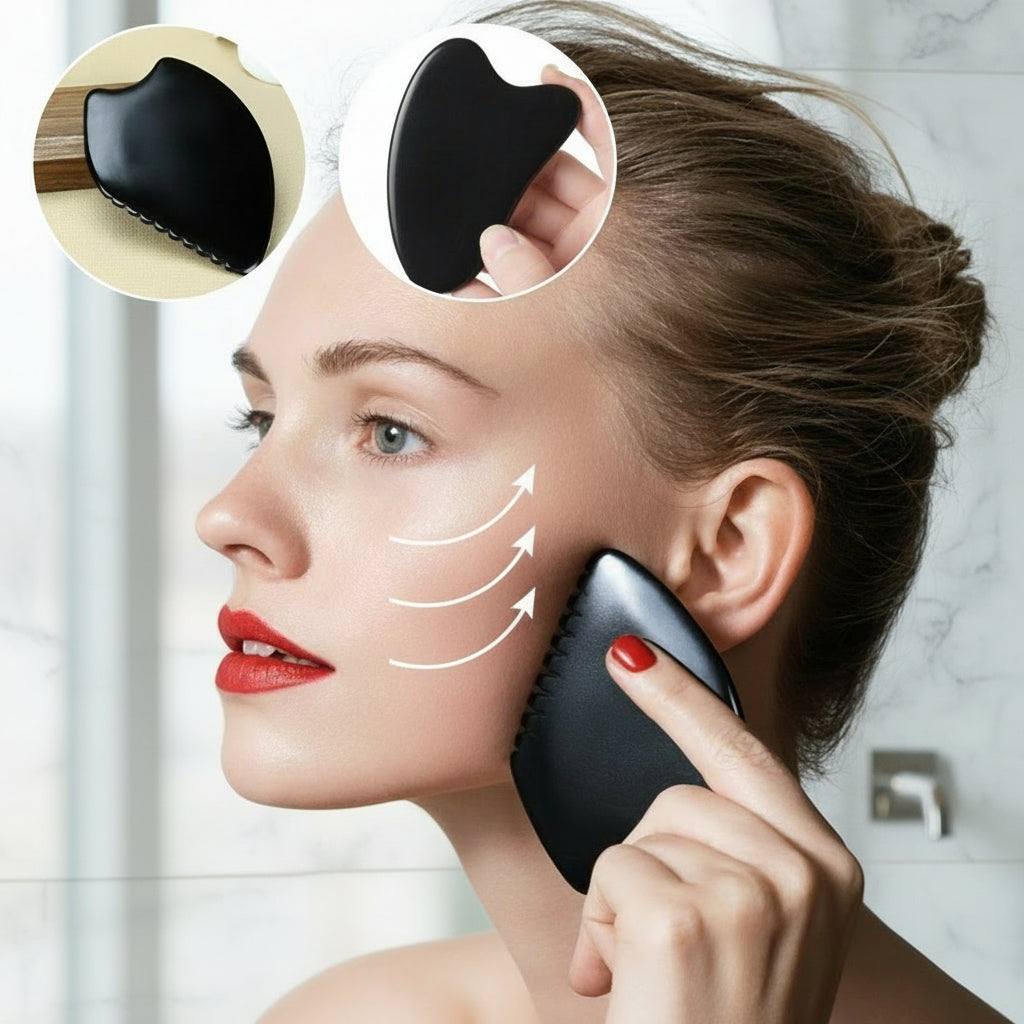 main sur pierre gua sha devant une fenêtre