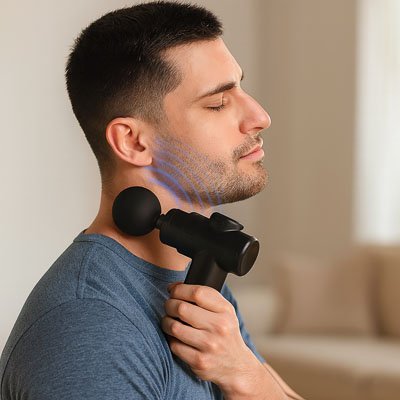 homme les yeux fermer en teeshirt bleu avec pistolet de massage noir dans le salon