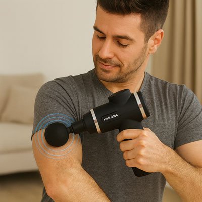 homme en teeshirt gris la main sur pistolet de massage noir dans le salon