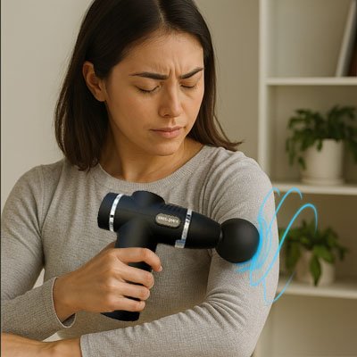 femme en gilet gris la main sur pistolet de massage noir devant une étagère