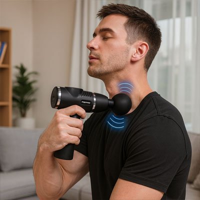 homme teeshirt noir la main sur  pistolet de massage sur le cou dans le salon