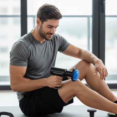 Homme en gris un pistolet de massage dans la main dans un gymnase