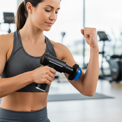 Femme en gris pistolet de massage dans la main dans un gymnase