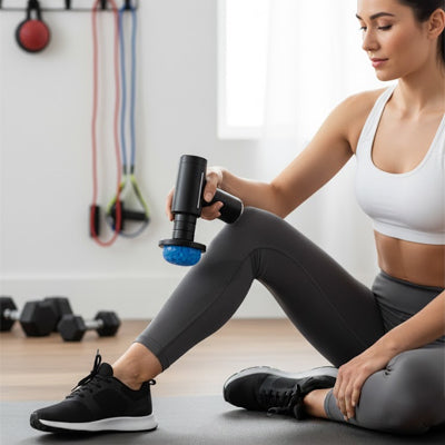 Femme en camisole blanche pistolet de massage dans la main dans un gymnase