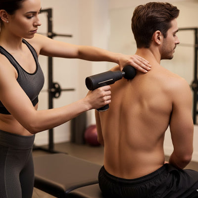 Femme en gris avec pistolet de massage dans la main sur le dos d'un homme en noir dans un gymnase