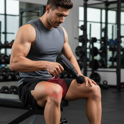 Homme en gris pistolet de massage dans la main dans un gymnase