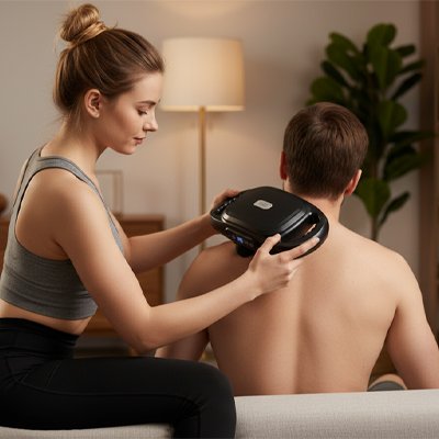 main de femme camisole grise masse epaule homme avec pistolet de massage dans la chambre