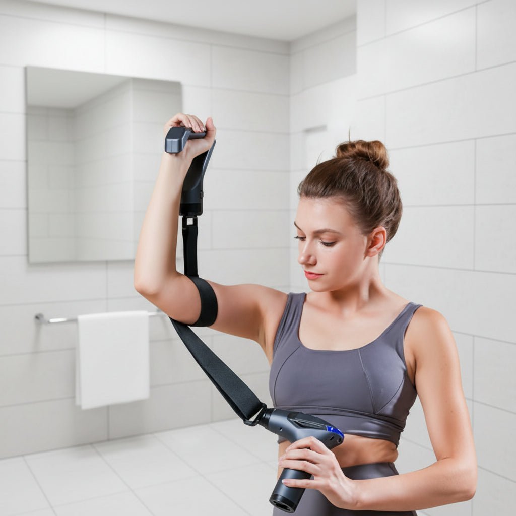 femme avec pistolet de massage dans la salle de bain