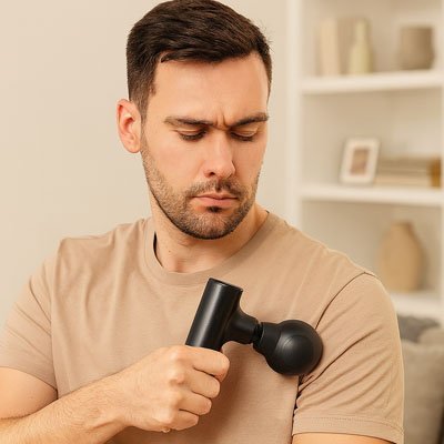 main d'homme en teeshirt brun pistolet de massage noir devant bibliothèque