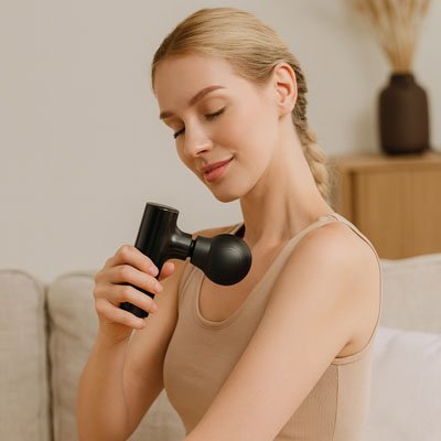 main de femme en camisole brun pistolet de massage noir epaule dans le salon