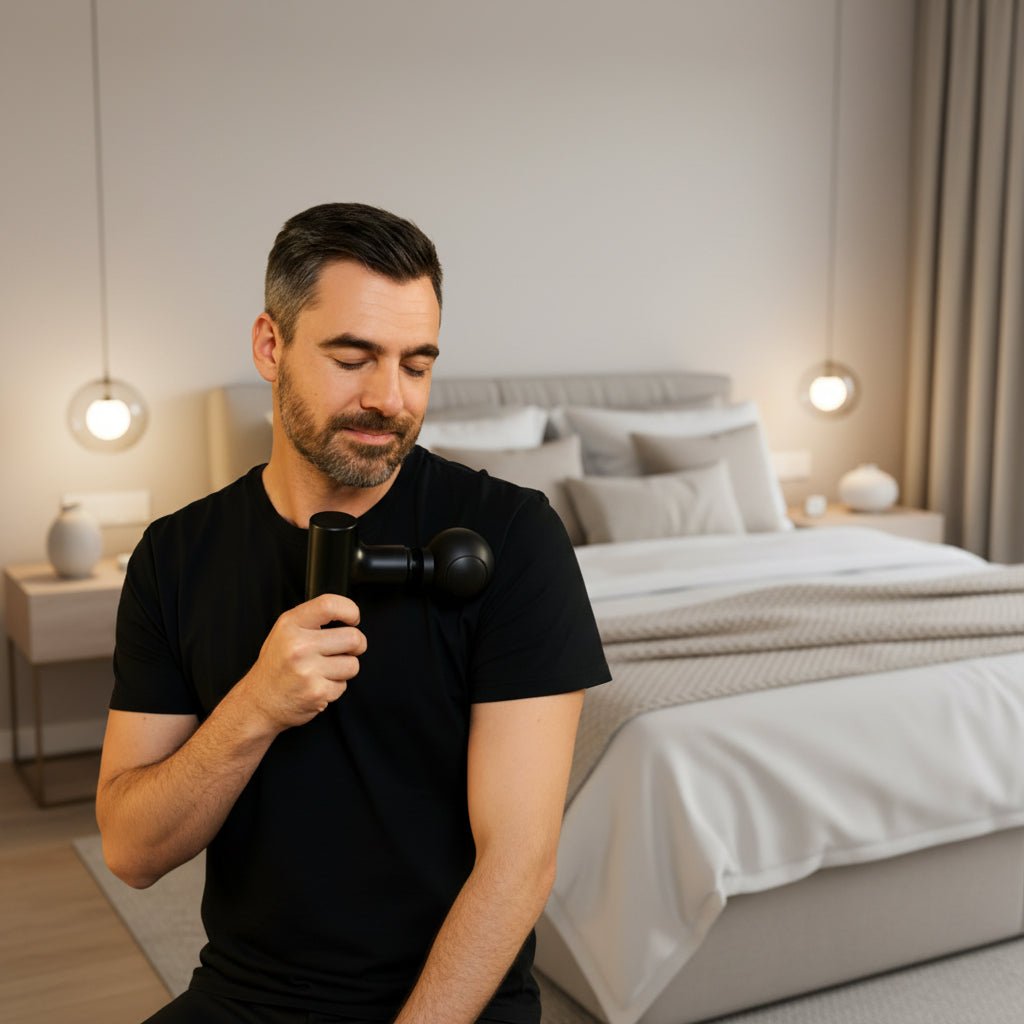 main d'homme en teeshirt noir pistolet de massage noir dans une chambre a coucher