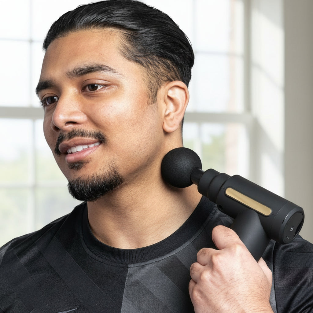 homme en noir avec pistolet de massage devant une fenêtre